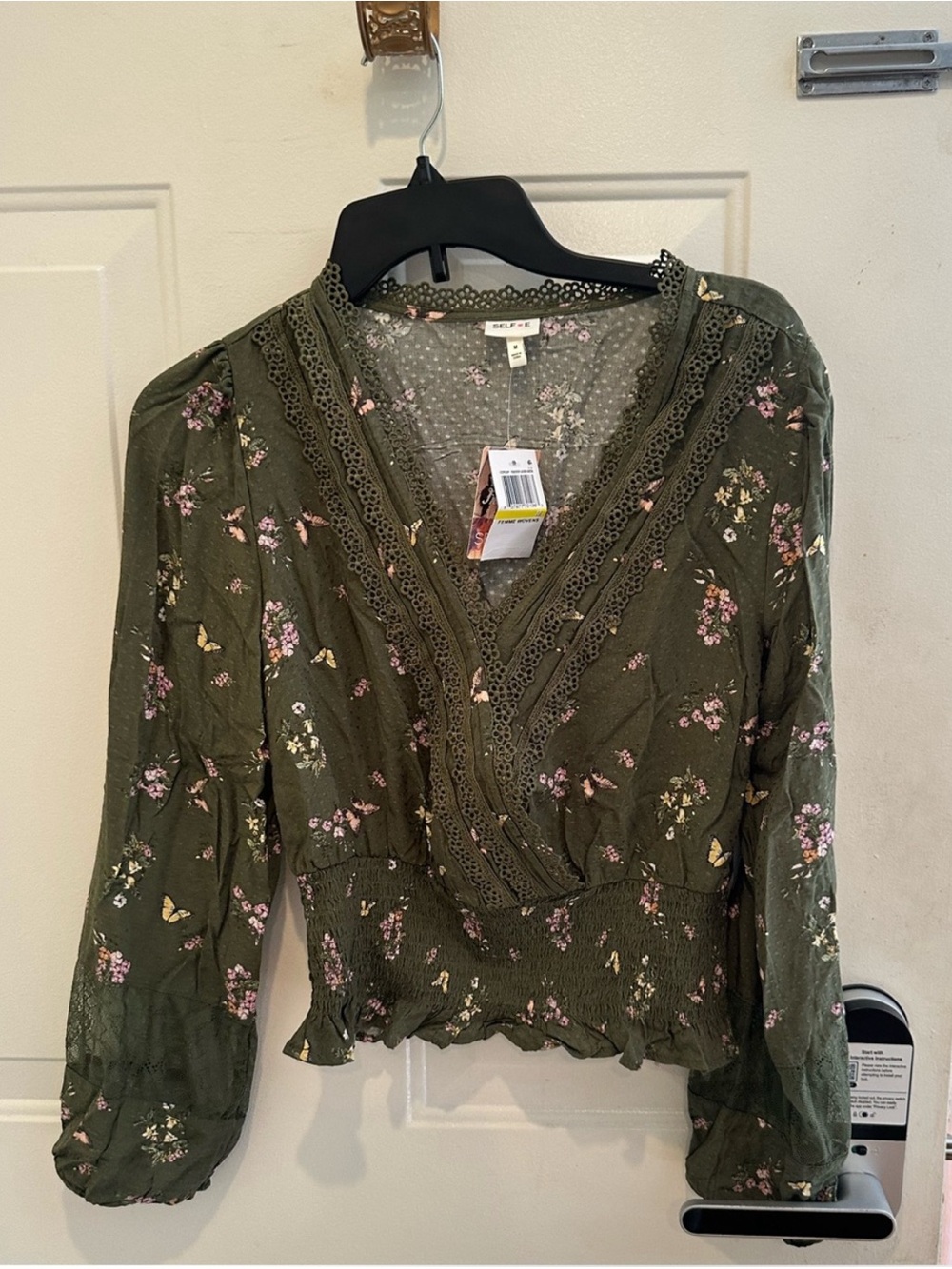 Self Esteem Olive Green Floral Lace-Trim Wrap Blouse